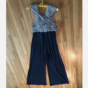 SOPRANO JUMPSUIT Black with black & white Striped crisscrossed bodice Jr. Size L